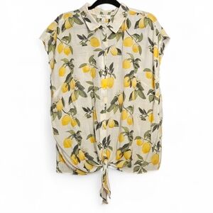 ​🍋 C by One Lemon Print Tie-Front Button Down Blouse - 2X